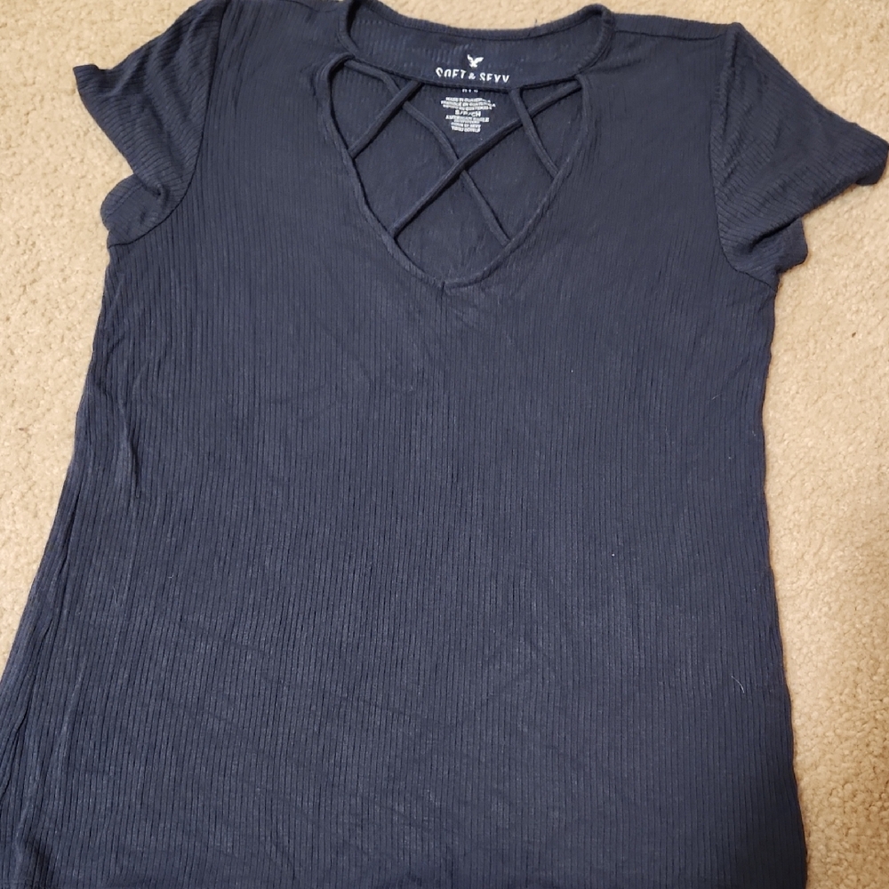 American Eagle Outfitters Black Crisscross Short Sleeve Top